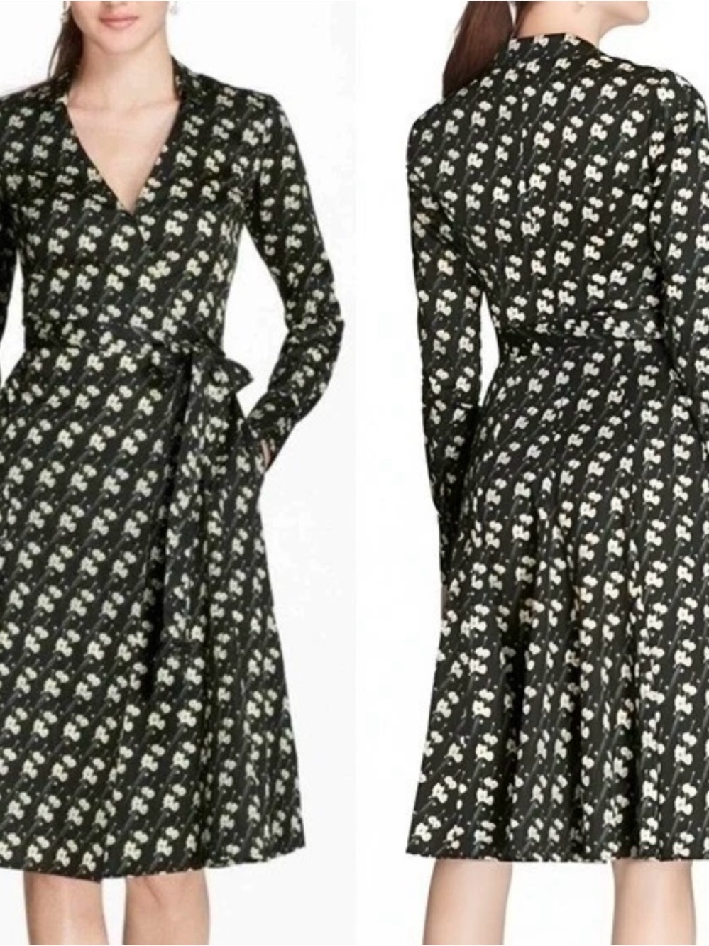 Brooks Brothers Zach Posen Floral Snow Blossom Black Cotton Wrap Midi Dress